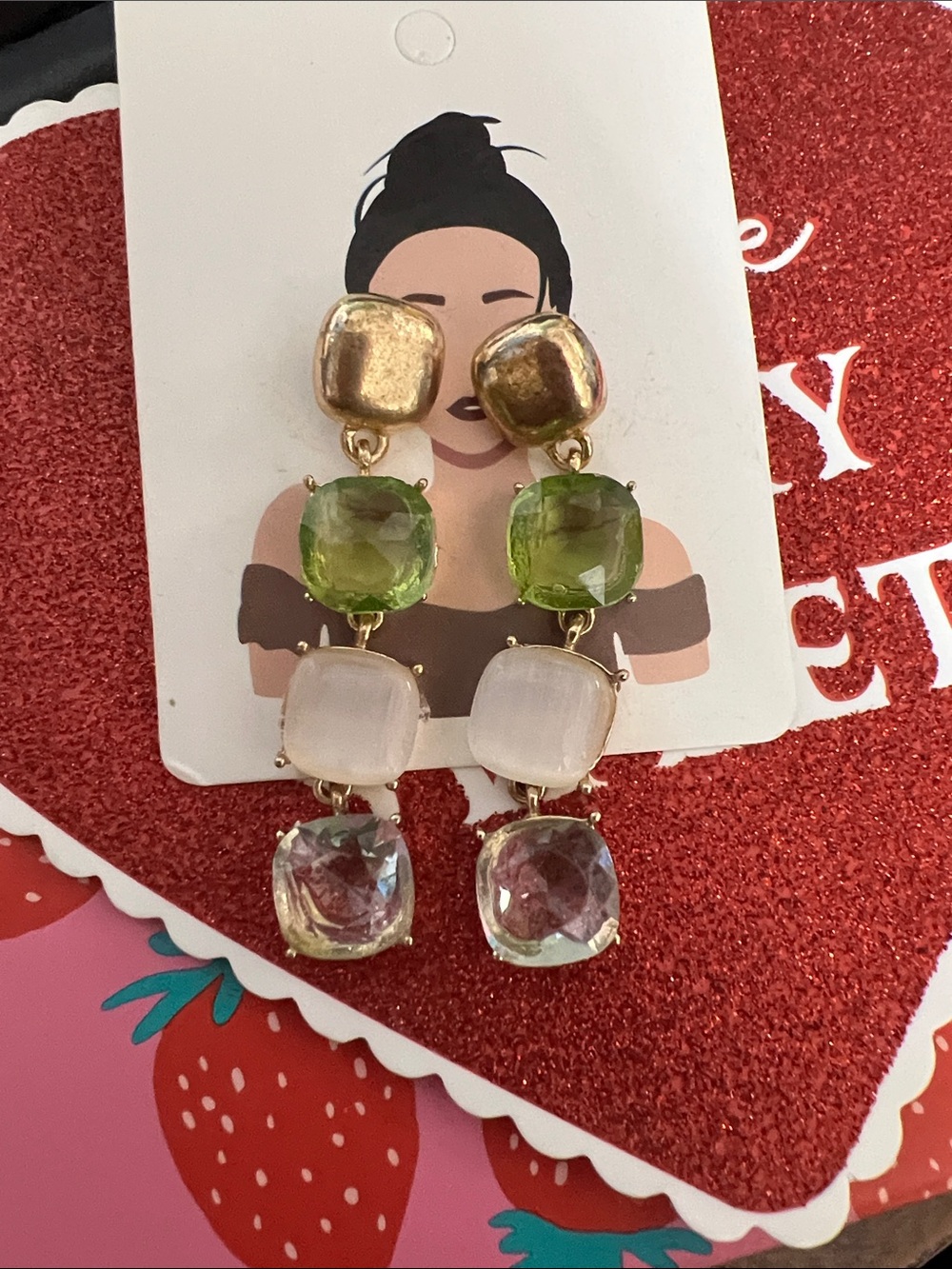 Source Unknown Gold-Tone Drop Earrings with Green and Pink Stones